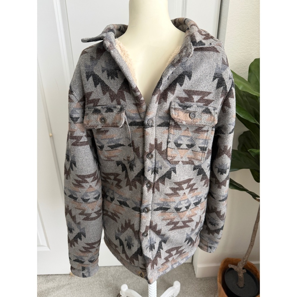 Threadgrit Mens Southwestern Sherpa Lined Shirt Jacket Grey Aztec